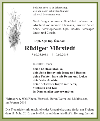 Traueranzeige von Rüdiger Mörstedt von Ostthüringer Zeitung