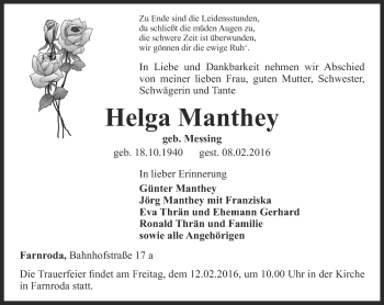 Traueranzeige von Helga Manthey von Thüringer Allgemeine, Thüringische Landeszeitung