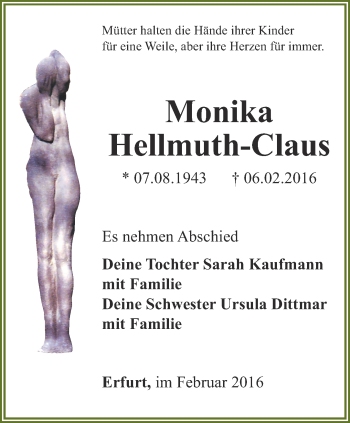 Traueranzeige von Monika Hellmuth-Claus von Thüringer Allgemeine, Thüringische Landeszeitung