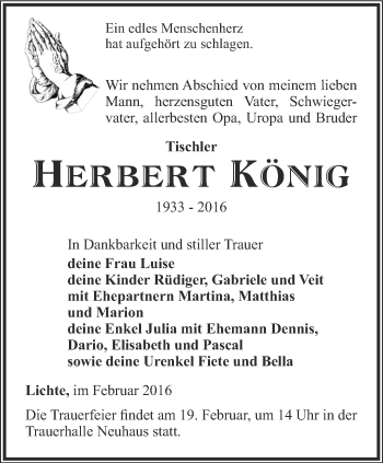 Traueranzeige von Herbert König von Ostthüringer Zeitung