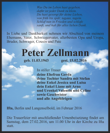 Traueranzeige von Peter Zellmann von Thüringer Allgemeine, Thüringische Landeszeitung