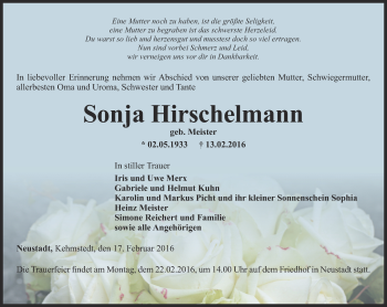 Traueranzeige von Sonja Hirschelmann von Thüringer Allgemeine