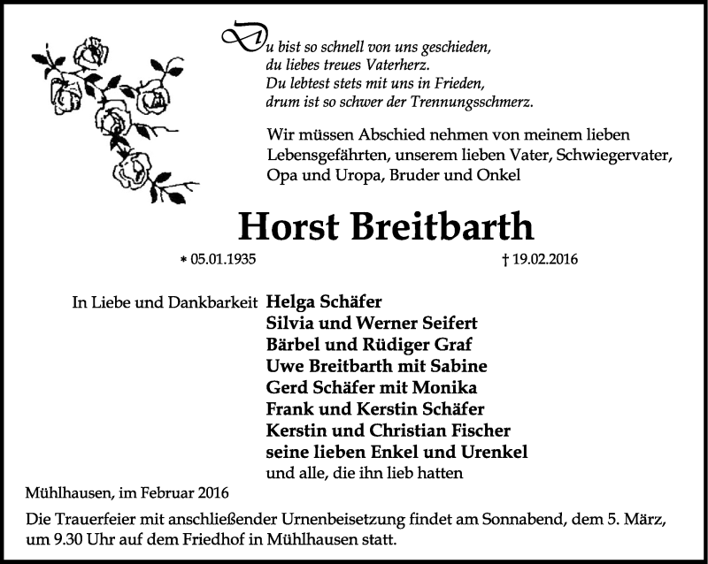  Traueranzeige für Horst Breitbarth vom 27.02.2016 aus Thüringer Allgemeine, Thüringische Landeszeitung