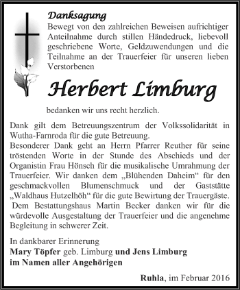 Traueranzeige von Herbert Limburg von Thüringer Allgemeine, Thüringische Landeszeitung