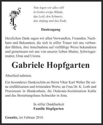 Traueranzeige von Gabriele Hopfgarten von Thüringer Allgemeine, Thüringische Landeszeitung