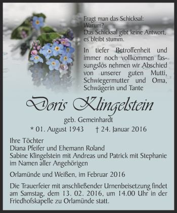 Traueranzeige von Doris Klingelstein von Ostthüringer Zeitung, Thüringische Landeszeitung