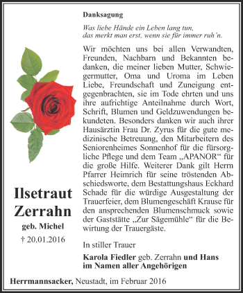 Traueranzeige von Ilsetraut Zerrahn von Thüringer Allgemeine