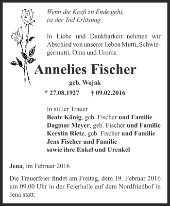 Traueranzeige von Annelies Fischer von Ostthüringer Zeitung, Thüringische Landeszeitung