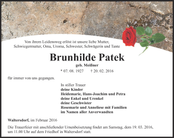 Traueranzeige von Brunhilde Patek von Ostthüringer Zeitung