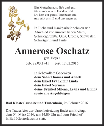 Traueranzeige von Annerose Oschatz von Ostthüringer Zeitung