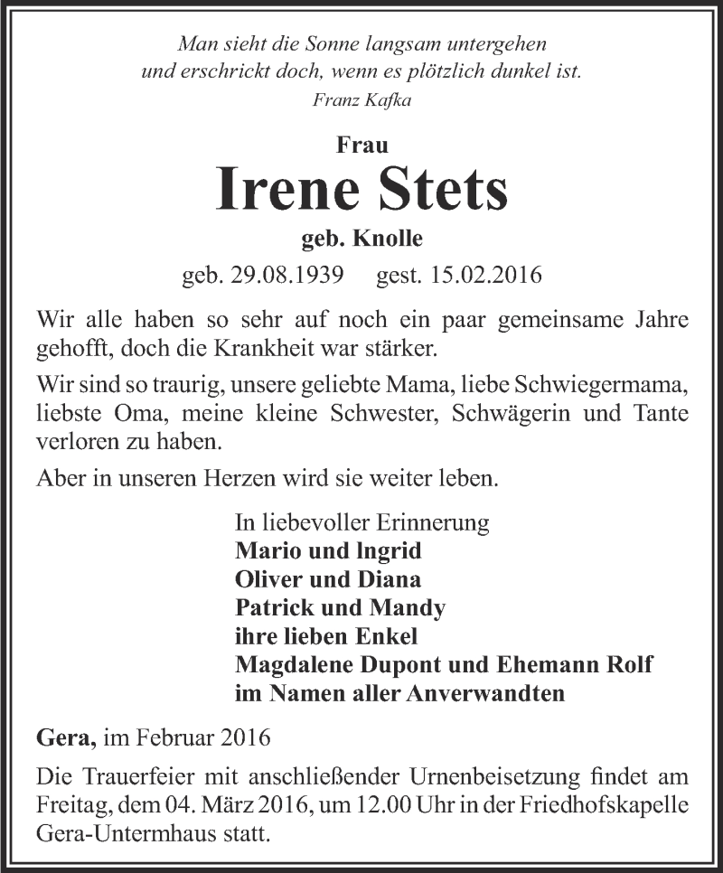  Traueranzeige für Irene Stets vom 19.02.2016 aus Ostthüringer Zeitung