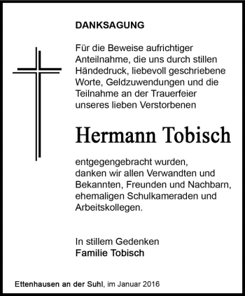 Traueranzeige von Hermann Tobisch von Thüringer Allgemeine, Thüringische Landeszeitung