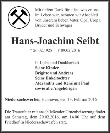 Traueranzeige von Hans-Joachim Seibt von Thüringer Allgemeine