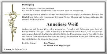 Traueranzeige von Anneliese Weiß von Ostthüringer Zeitung