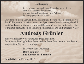 Traueranzeige von Andreas Grünler von Thüringer Allgemeine, Thüringische Landeszeitung