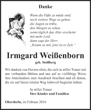 Traueranzeige von Irmgard Weißenborn von Thüringer Allgemeine, Thüringische Landeszeitung