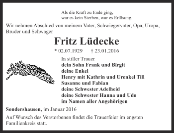 Traueranzeige von Fritz Lüdecke von Thüringer Allgemeine