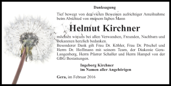 Traueranzeige von Helmut Kirchner von Ostthüringer Zeitung