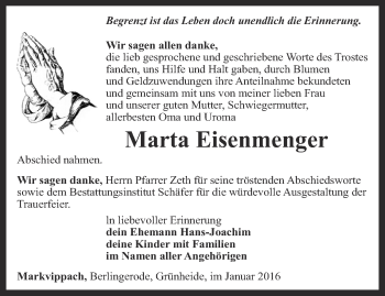 Traueranzeige von Marta Eisenmenger von Thüringer Allgemeine