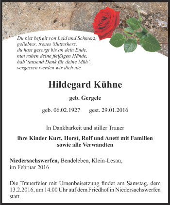 Traueranzeige von Hildegard Kühne von Thüringer Allgemeine
