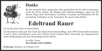 Traueranzeige von Edeltraud Rauner von Thüringer Allgemeine, Thüringische Landeszeitung