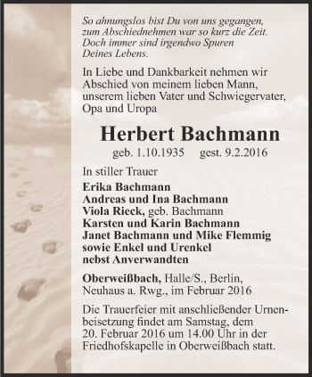 Traueranzeige von Herbert Bachmann von Ostthüringer Zeitung