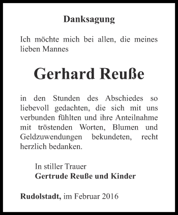 Traueranzeige von Gerhard Reuße von Ostthüringer Zeitung