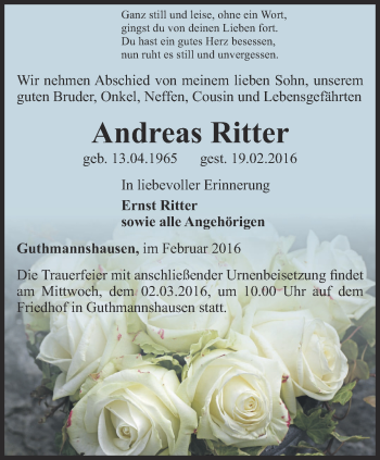 Traueranzeige von Andreas Ritter von Thüringer Allgemeine