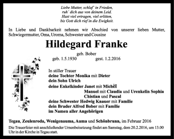 Traueranzeige von Hildegard Franke von Ostthüringer Zeitung