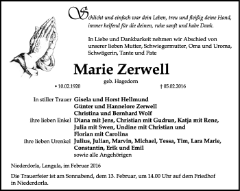 Traueranzeige von Marie Zerwell von Thüringer Allgemeine, Thüringische Landeszeitung