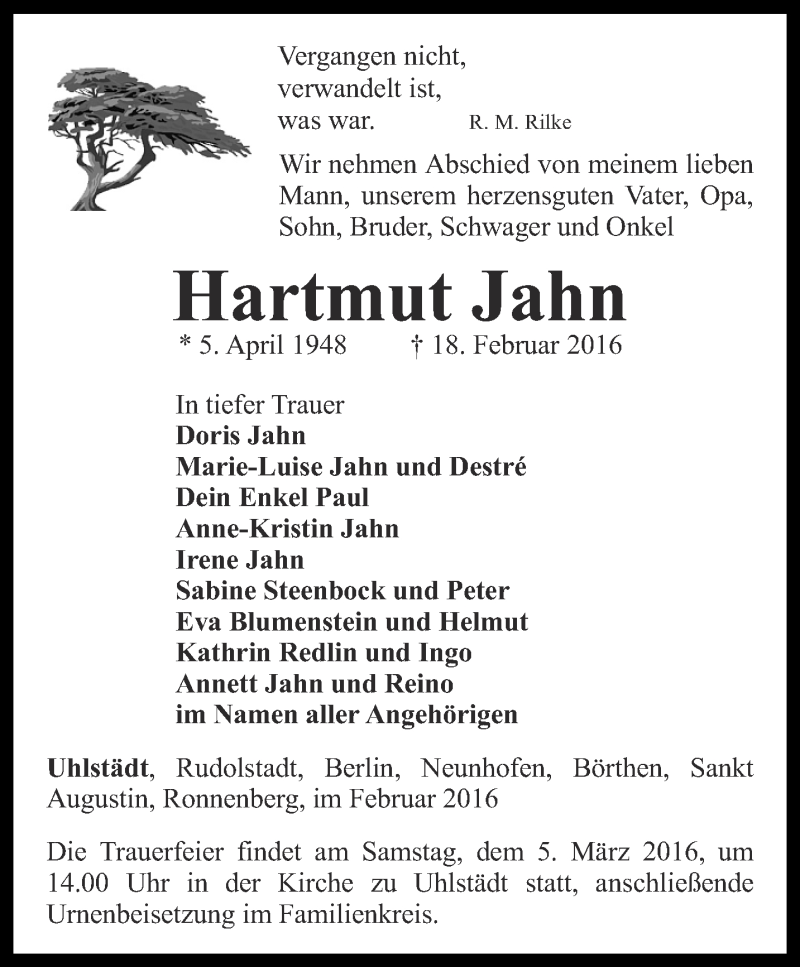  Traueranzeige für Hartmut Jahn vom 27.02.2016 aus Ostthüringer Zeitung