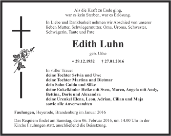 Traueranzeige von Edith Luhn von Thüringer Allgemeine, Thüringische Landeszeitung