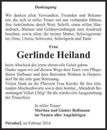 Traueranzeige von Gerlinde Heiland von Ostthüringer Zeitung