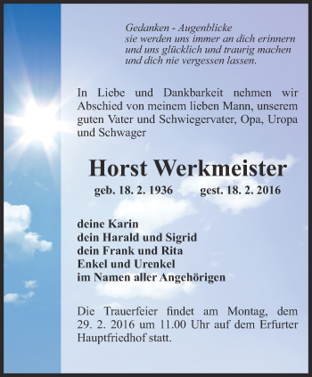 Traueranzeige von Horst Werkmeister von Thüringer Allgemeine, Thüringische Landeszeitung