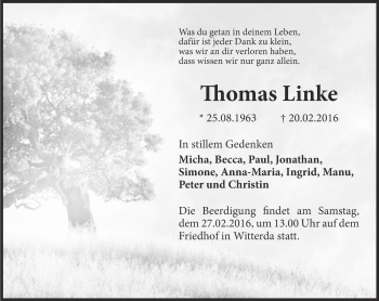 Traueranzeige von Thomas Linke von Thüringer Allgemeine, Thüringische Landeszeitung