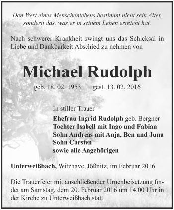 Traueranzeige von Michael Rudolph von Ostthüringer Zeitung