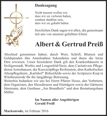 Traueranzeige von Albert und Gertrud Preiß von Thüringer Allgemeine