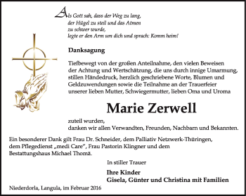 Traueranzeige von Marie Zerwell von Thüringer Allgemeine, Thüringische Landeszeitung