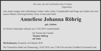 Traueranzeige von Anneliese Johanna Röhrig von Thüringer Allgemeine, Thüringische Landeszeitung