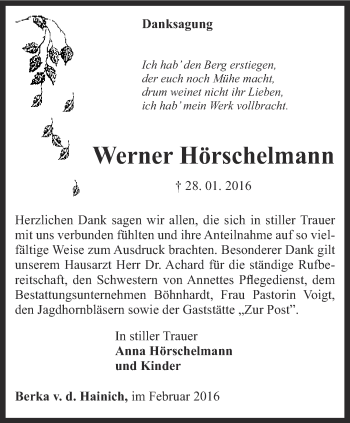 Traueranzeige von Werner Hörschelmann von Thüringer Allgemeine, Thüringische Landeszeitung