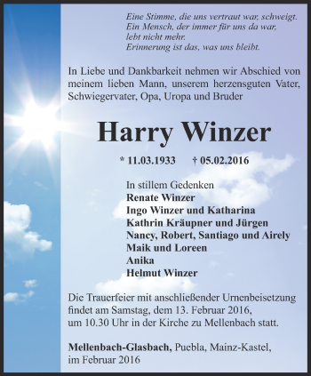 Traueranzeige von Harry Winzer von Ostthüringer Zeitung