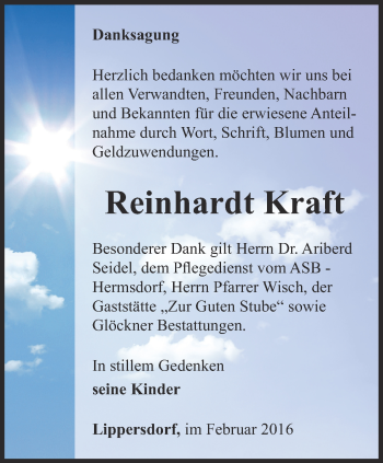 Traueranzeige von Reinhardt Kraft von Ostthüringer Zeitung