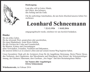 Traueranzeige von Leonhard Schneemann von Thüringer Allgemeine