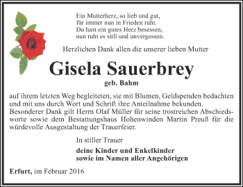 Traueranzeige von Gisela Sauerbrey von Thüringer Allgemeine, Thüringische Landeszeitung