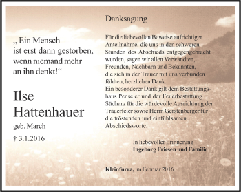 Traueranzeige von Ilse Hattenhauer von Thüringer Allgemeine