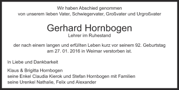Traueranzeige von Gerhard Hornbogen von Thüringer Allgemeine, Thüringische Landeszeitung