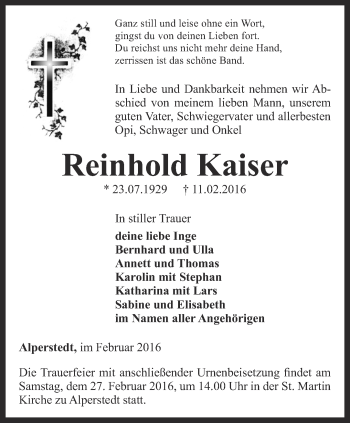 Traueranzeige von Reinhold Kaiser von Thüringer Allgemeine, Thüringische Landeszeitung