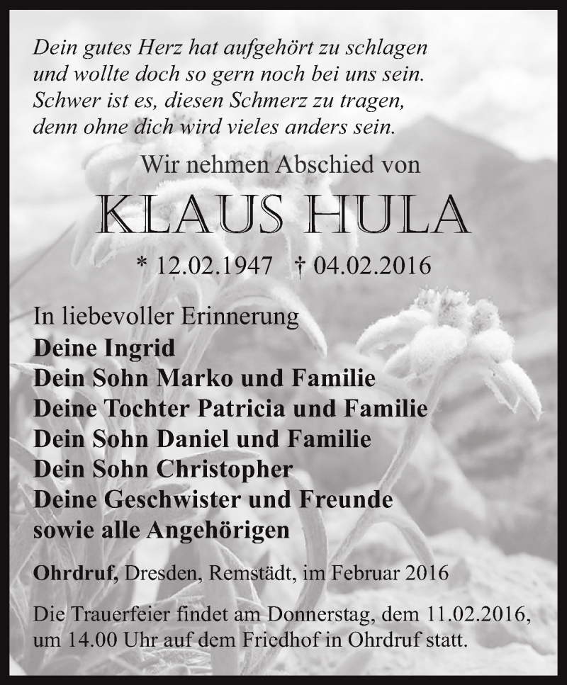  Traueranzeige für Klaus Hula vom 09.02.2016 aus Ostthüringer Zeitung, Thüringische Landeszeitung