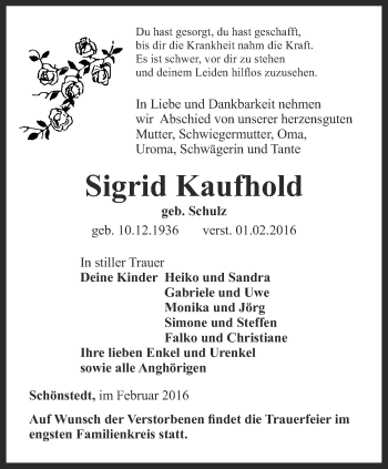 Traueranzeige von Sigrid Kaufhold von Thüringer Allgemeine, Thüringische Landeszeitung