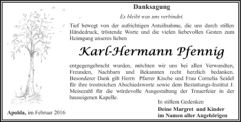Traueranzeige von Karl-Hermann Pfennig von Thüringer Allgemeine, Thüringische Landeszeitung